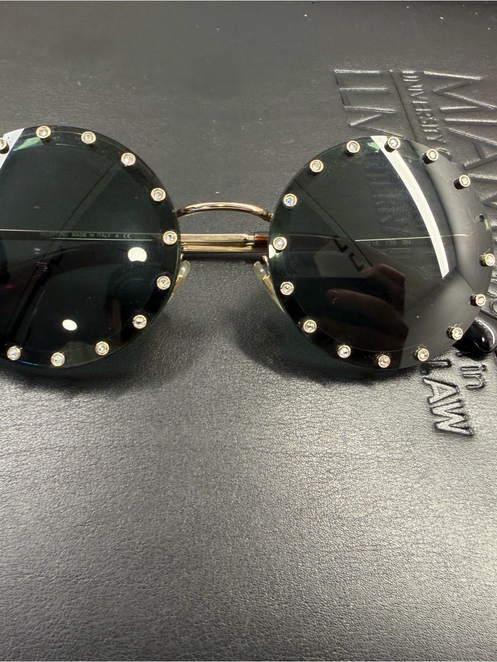 Valentino Black Round Crystal-Stud Sunglasses with Gold Bridge